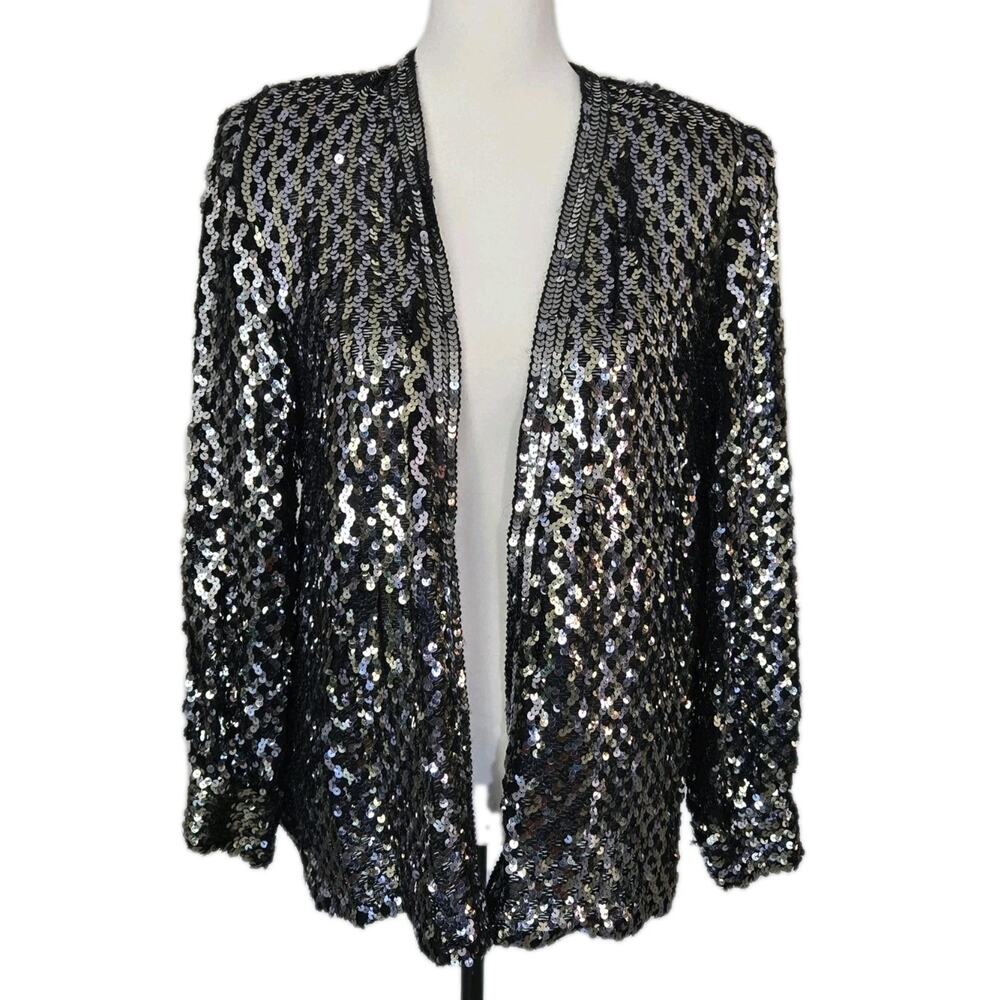 Vintage 80s Full Silver Sequin Three Flaggs Open Glam Rock Evening Jacket Sz M